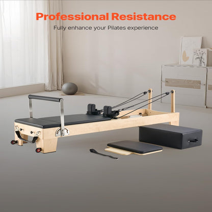 Pilates Reformer Machine, Wooden Pilates Workout Equipment for Home Gym Studio Use, Pilates Bed with Dual Resistance- Spring & Cord, Reformer Set with Sitting Box, up to 400 LBS