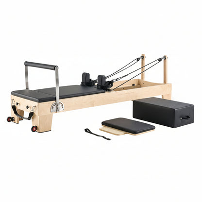 Pilates Reformer Machine, Wooden Pilates Workout Equipment for Home Gym Studio Use, Pilates Bed with Dual Resistance- Spring & Cord, Reformer Set with Sitting Box, up to 400 LBS