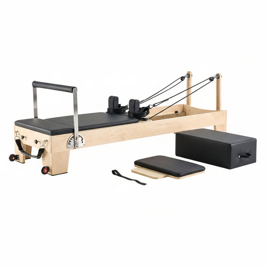 Pilates Reformer Machine, Wooden Pilates Workout Equipment for Home Gym Studio Use, Pilates Bed with Dual Resistance- Spring & Cord, Reformer Set with Sitting Box, up to 400 LBS