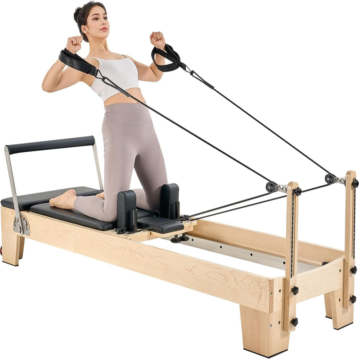 Pilates Reformer Machine, Wooden Pilates Workout Equipment for Home Gym Studio Use, Pilates Bed with Dual Resistance- Spring & Cord, Reformer Set with Sitting Box, up to 400 LBS