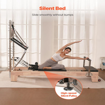 Pilates Reformer, Wooden Pilates Machine for Home Gym Studio, Strength Training Workout Equipment with Dual Resistance, Reformer Box, Jump Board, for Advanced Users and Beginners, up to 400 LBS