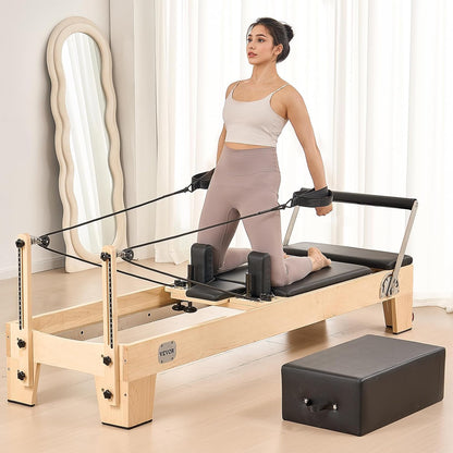 Pilates Reformer Machine, Wooden Pilates Workout Equipment for Home Gym Studio Use, Pilates Bed with Dual Resistance- Spring & Cord, Reformer Set with Sitting Box, up to 400 LBS