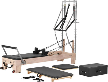 Pilates Reformer, Wooden Pilates Machine for Home Gym Studio, Strength Training Workout Equipment with Dual Resistance, Reformer Box, Jump Board, for Advanced Users and Beginners, up to 400 LBS
