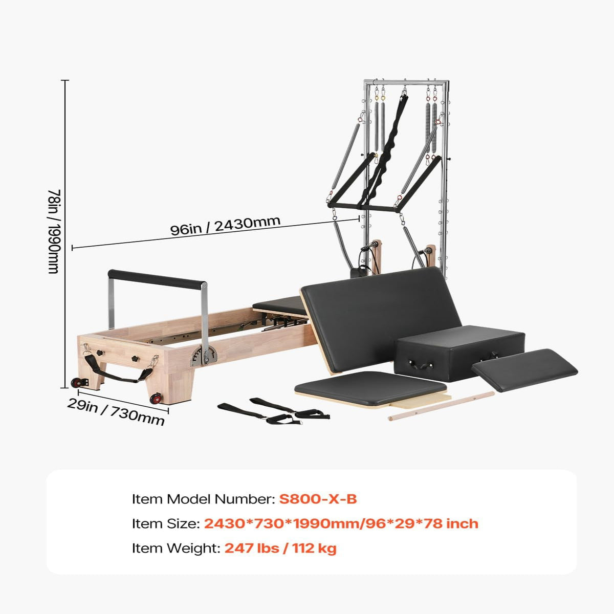 Pilates Reformer, Wooden Pilates Machine for Home Gym Studio, Strength Training Workout Equipment with Dual Resistance, Reformer Box, Jump Board, for Advanced Users and Beginners, up to 400 LBS