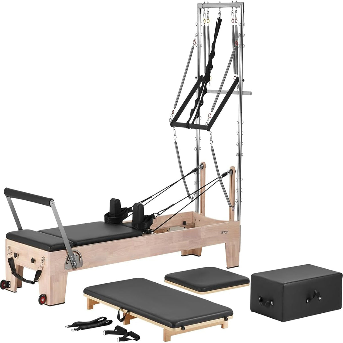 Pilates Reformer, Wooden Pilates Machine for Home Gym Studio, Strength Training Workout Equipment with Dual Resistance, Reformer Box, Jump Board, for Advanced Users and Beginners, up to 400 LBS