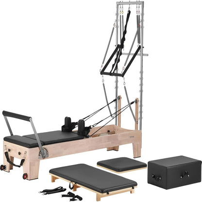 Pilates Reformer, Wooden Pilates Machine for Home Gym Studio, Strength Training Workout Equipment with Dual Resistance, Reformer Box, Jump Board, for Advanced Users and Beginners, up to 400 LBS